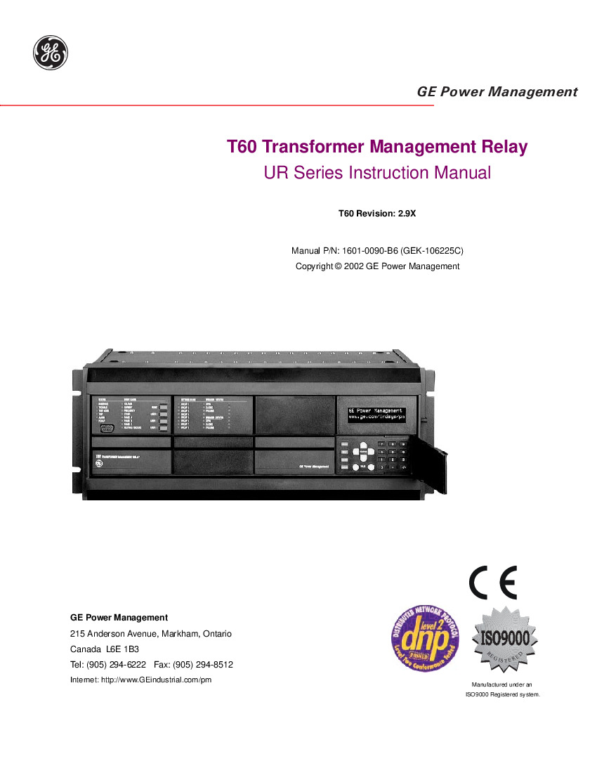 First Page Image of T60-E00-HCH-F8F-H6T-M8F-P6T-UXX-W6T GE T60 Universal Relays Manual 1601-0090-B6.pdf